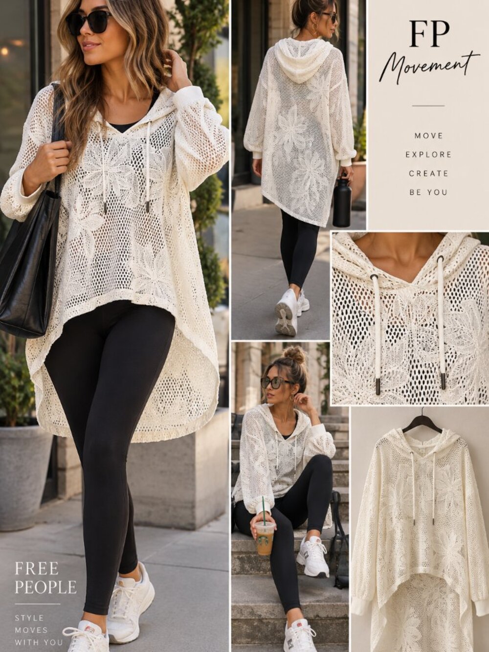 Free People FP Movement Mesh Floral Embroidered Hoodie Tunic Cover Up White